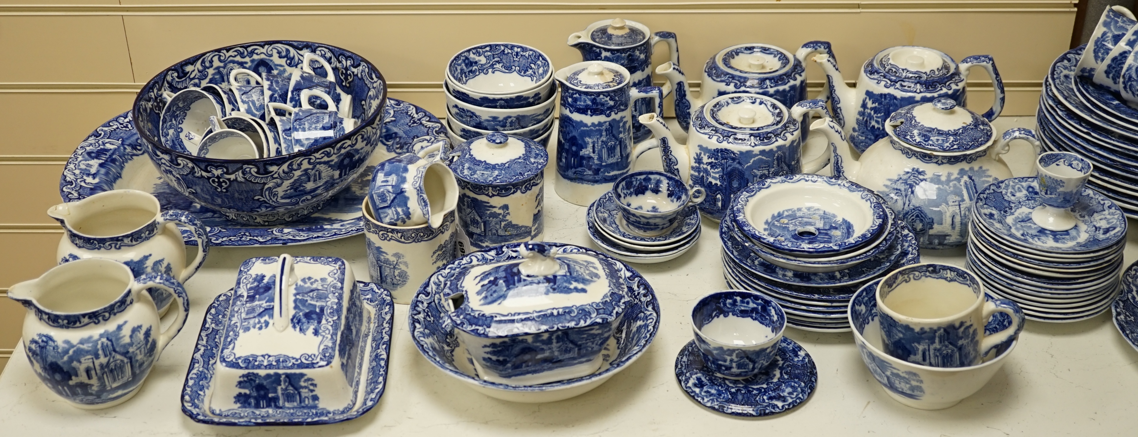 A large comprehensive collection of blue and white ‘Abbey’ dinner ware and tea ware. Condition - poor to fair to good